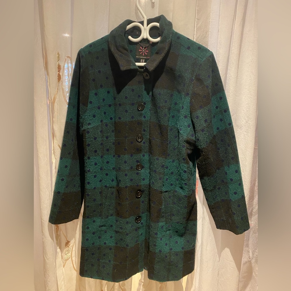 Isaac Mizrahi Green Plaid Coat with Dark Blue Polka Dots